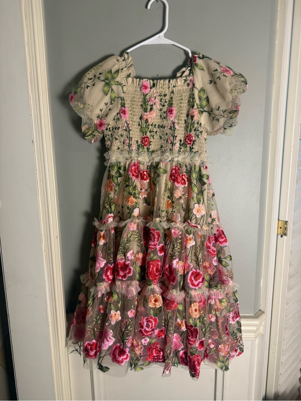 JessaKae Girls 10-12 Floral Embroidered Tulle Smocked Tiered Puff Sleeve Dress